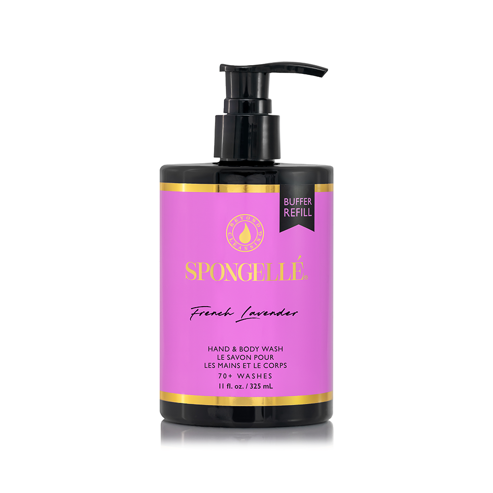 Spongellé French Lavender hand and body wash refill bottle, scented body wash for skin cleansing and hydration.