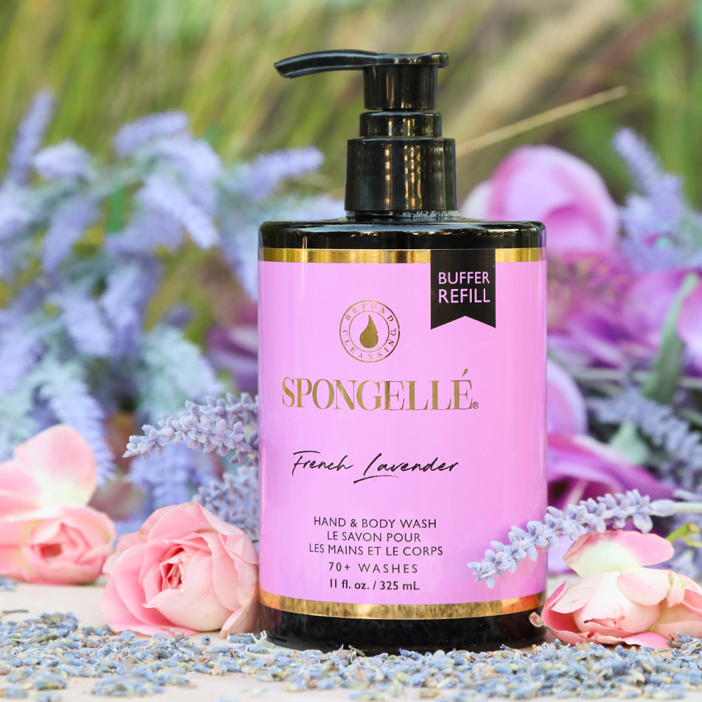 Spongellé French Lavender Hand & Body Wash Refill bottle with lavender illustration and pump top, designed for moisturizing cleansing.