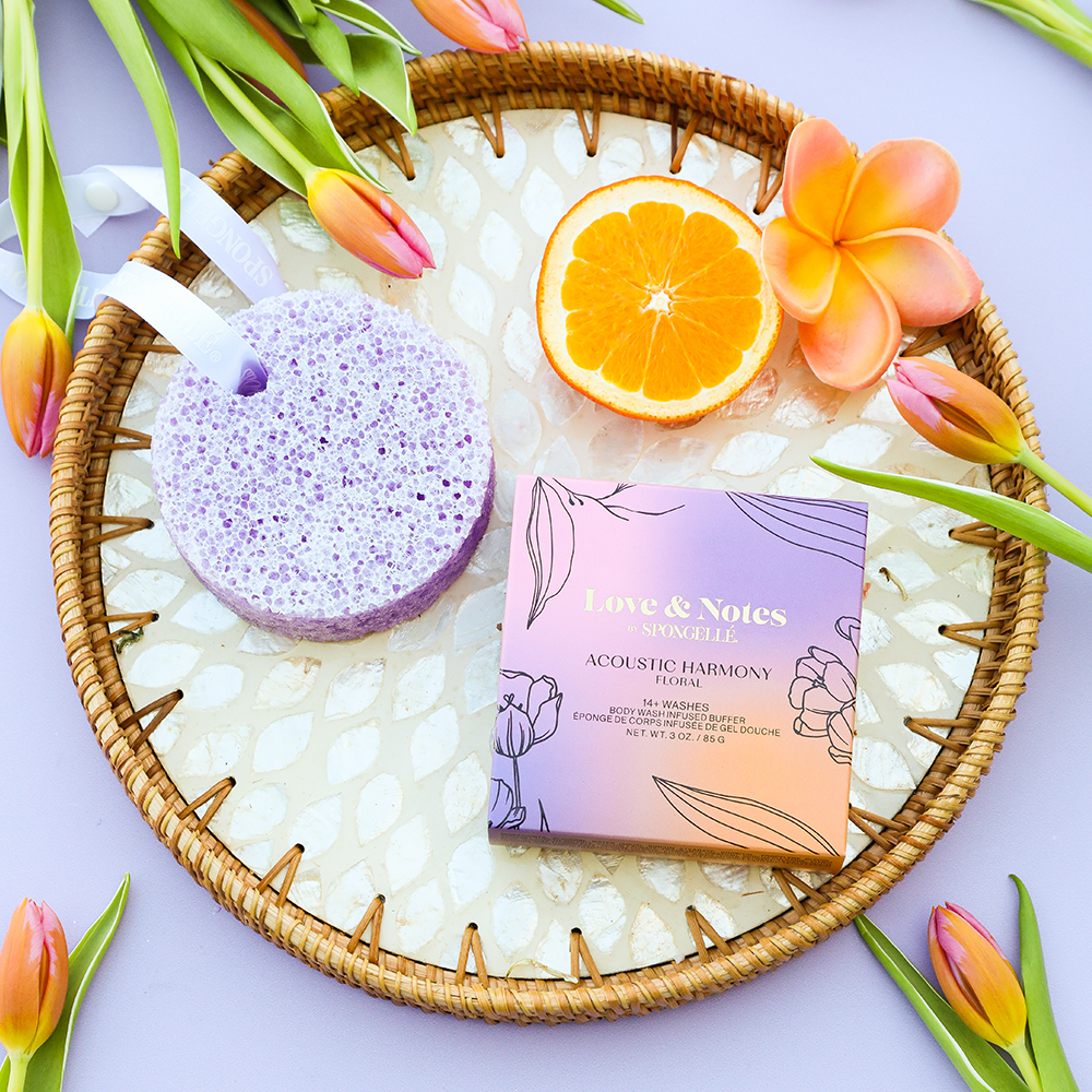 Spongellé Acoustic Harmony Love & Notes Body Buffer, a body wash-infused buffer with a floral design and soft texture.