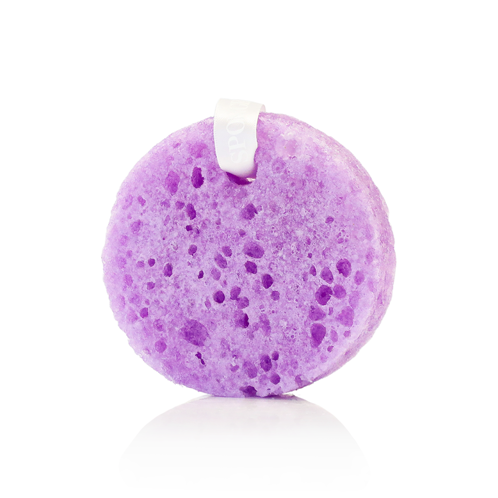 Spongellé Acoustic Harmony Love & Notes body wash-infused buffer with floral and musical design for gentle cleansing.