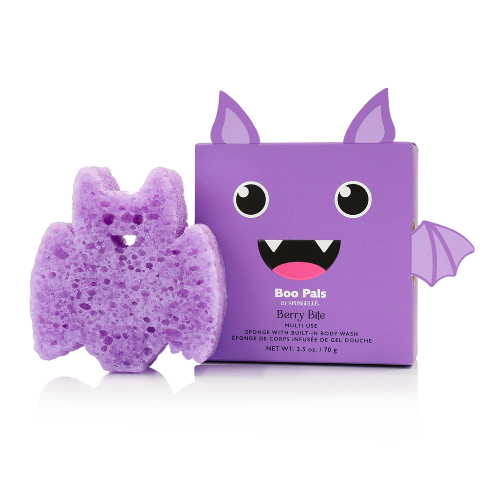 Spongellé Berry Bite Bat Boo Pals Buffer, a body wash infused buffer with berry scent and playful bat design for cleansing.