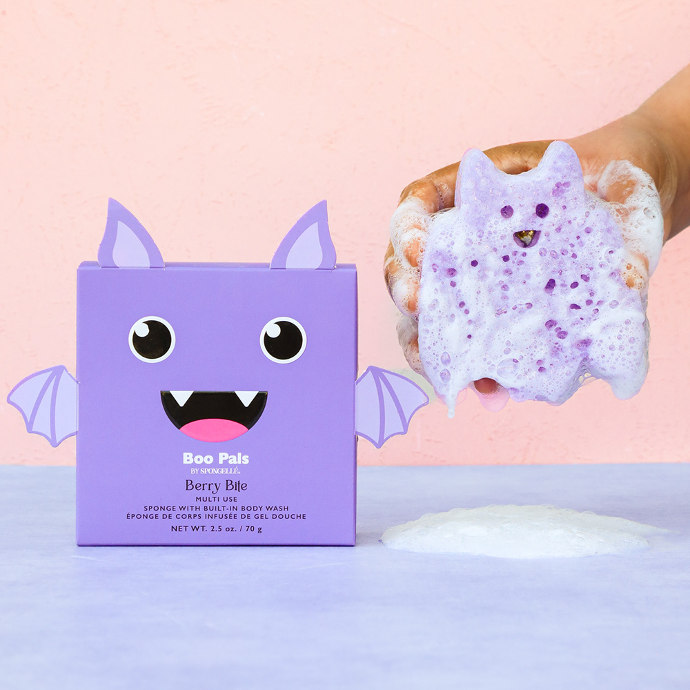 Spongellé Berry Bite Bat Boo Pals Body Wash Infused Buffer with berry scent and playful bat design for gentle cleansing.