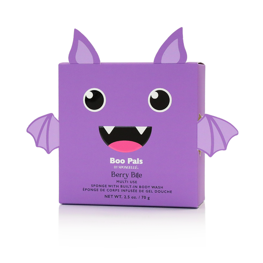 Spongellé Berry Bite Bat Boo Pals Body Wash Infused Buffer with vibrant purple and berry-themed design.