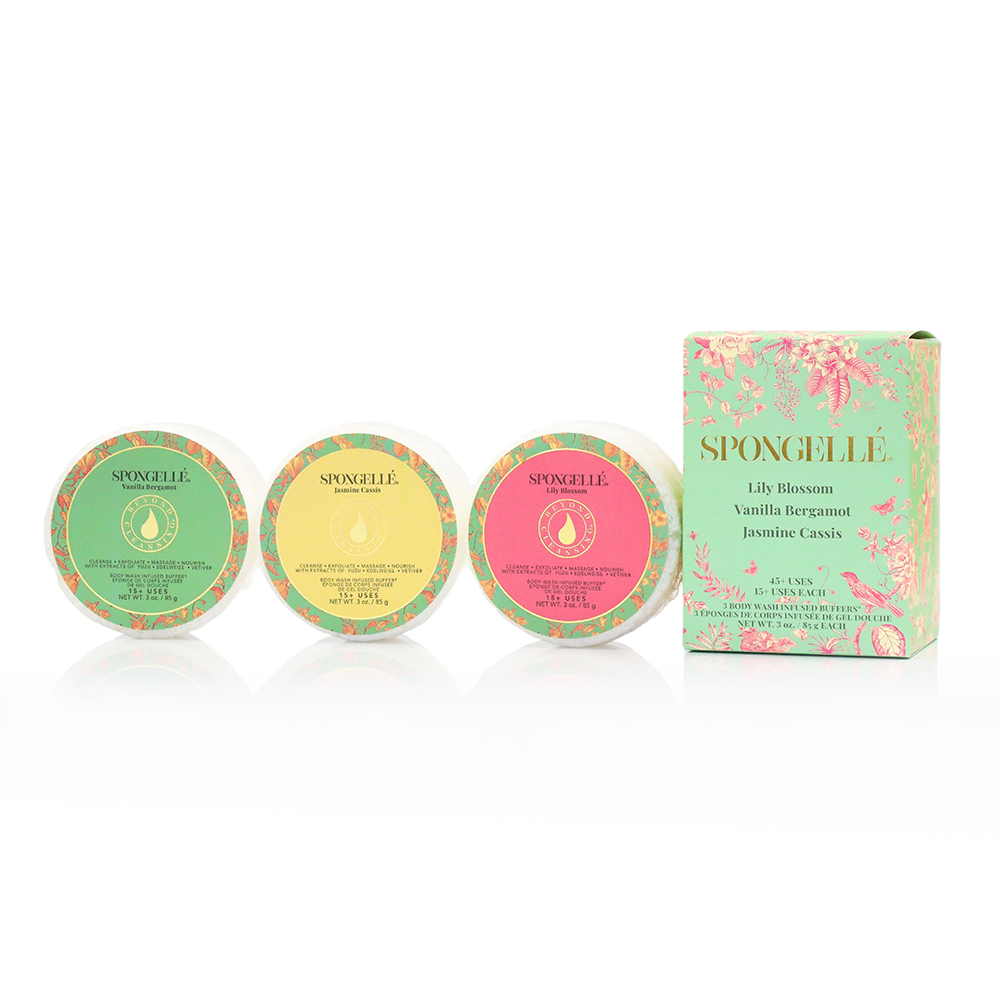 Spongellé Body Buffer Trio Set 9 with wash-infused buffers for gentle exfoliation and cleansing of skin.