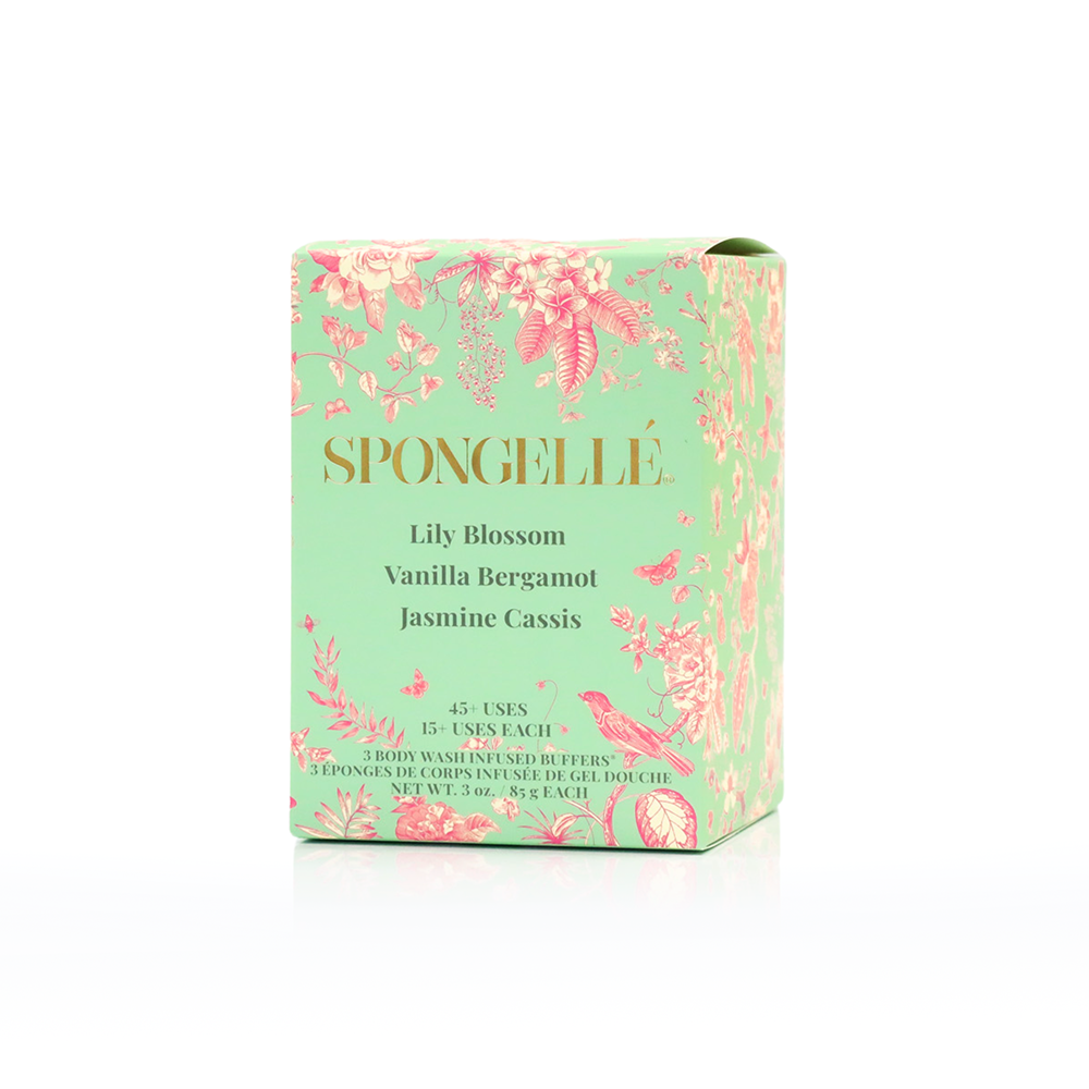 Spongellé Body Buffer Trio Set 9 with three body wash-infused buffers featuring soft exfoliating sponges in vibrant colors.