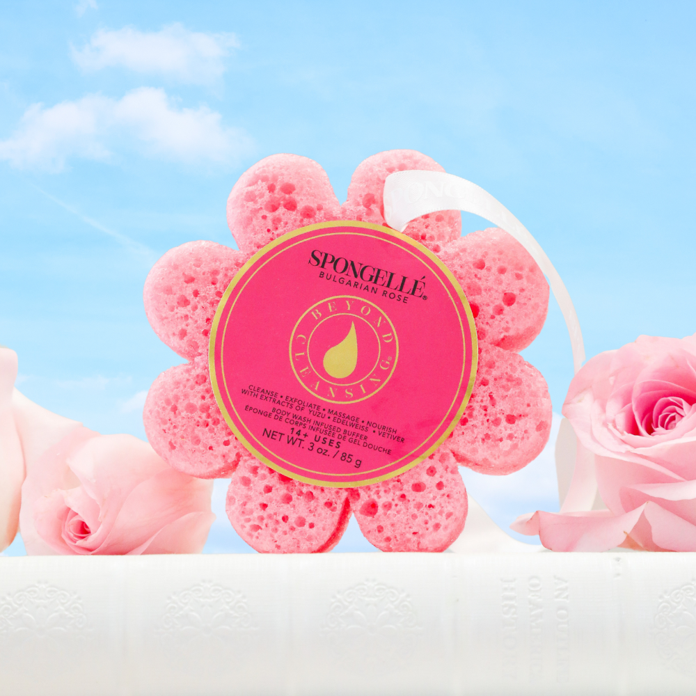 Spongellé Bulgarian Rose Wild Flower bath sponge with body wash-infused buffer for gentle cleansing and aromatic floral scent.