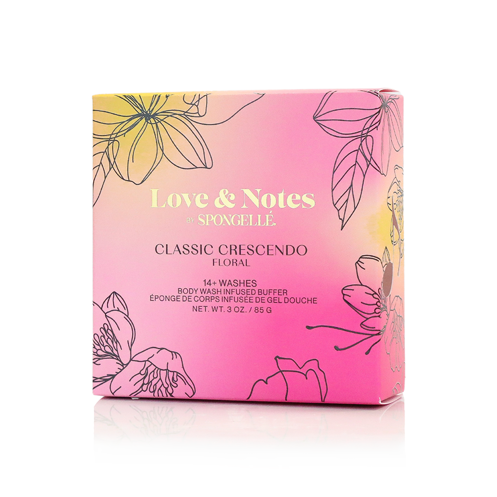 Spongellé Classic Crescendo Love & Notes Body Buffer, a body wash infused buffer with floral and citrus scents.