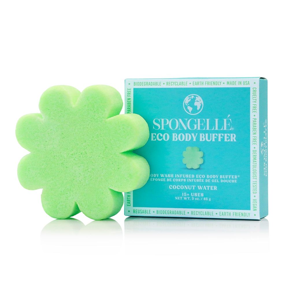 Spongellé Coconut Water Eco Body Buffer, a body wash-infused buffer with a textured surface for gentle exfoliation and hydration.