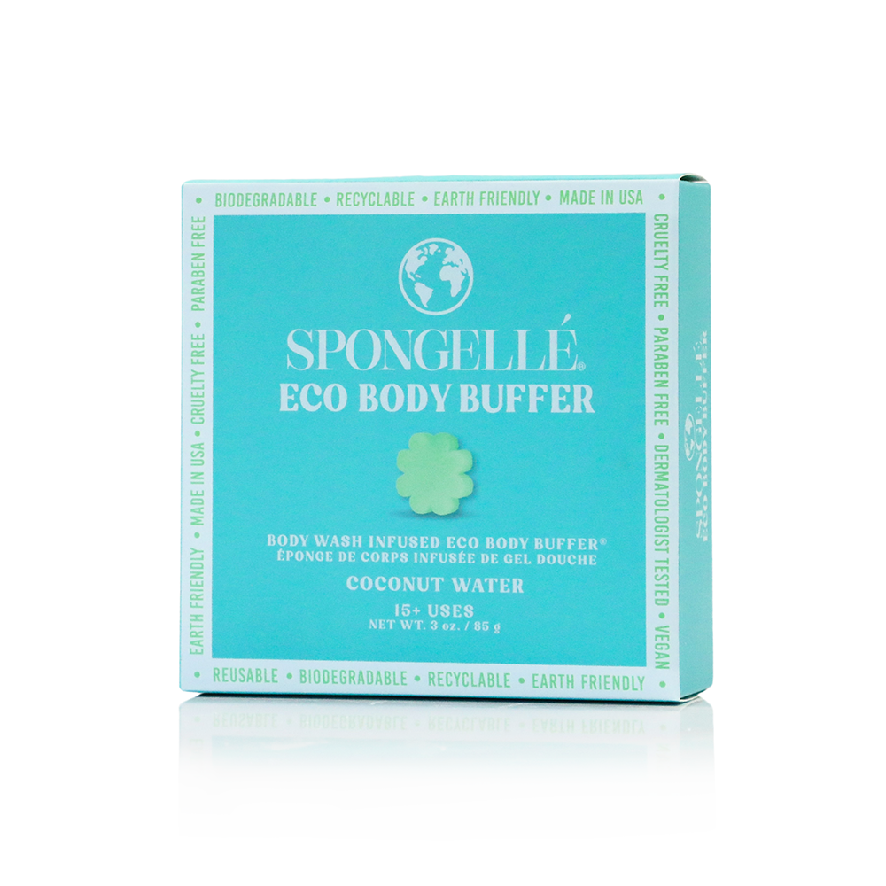 Spongellé Coconut Water Eco Body Buffer, a body wash-infused buffer with coconut scent and textured sponge for gentle cleansing.