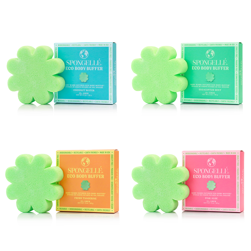 Assorted pack of Spongellé Eco Body Buffer Wash-Infused Buffers, colorful exfoliating body sponges for gentle cleansing and skincare.