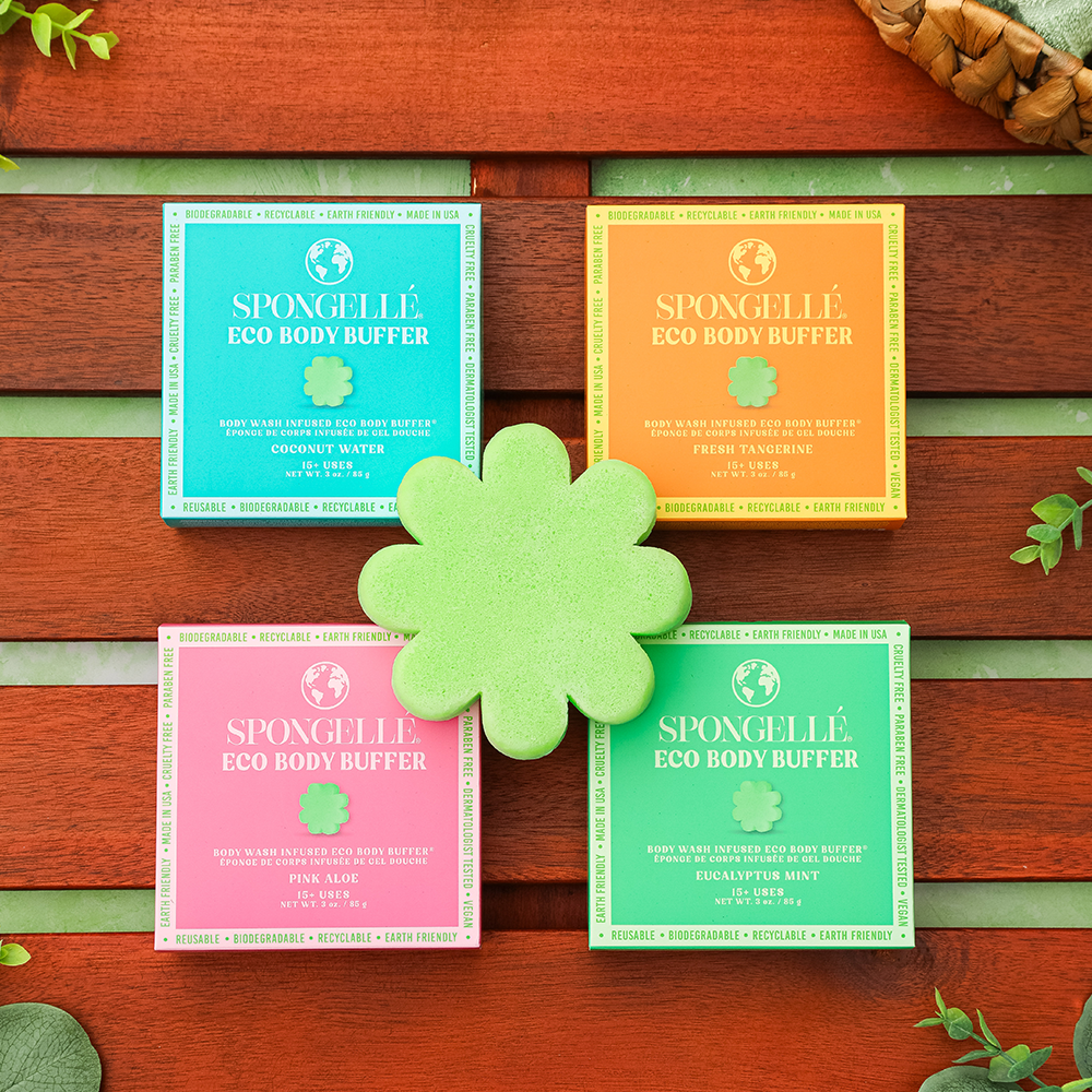 Spongellé Eco Body Buffer Assorted Pack with wash-infused sponges for gentle cleansing and exfoliation.