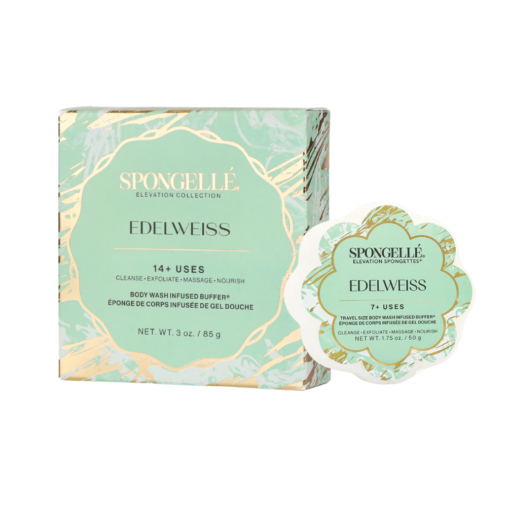 Spongellé Edelweiss Body & Travel Buffer Set with wash-infused buffers for cleansing and exfoliating skin.