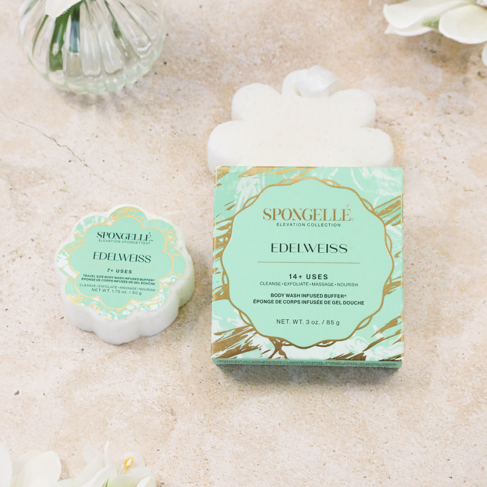 Spongellé Edelweiss Body & Travel Buffer Set with wash-infused body buffers for gentle cleansing and travel-ready skincare.