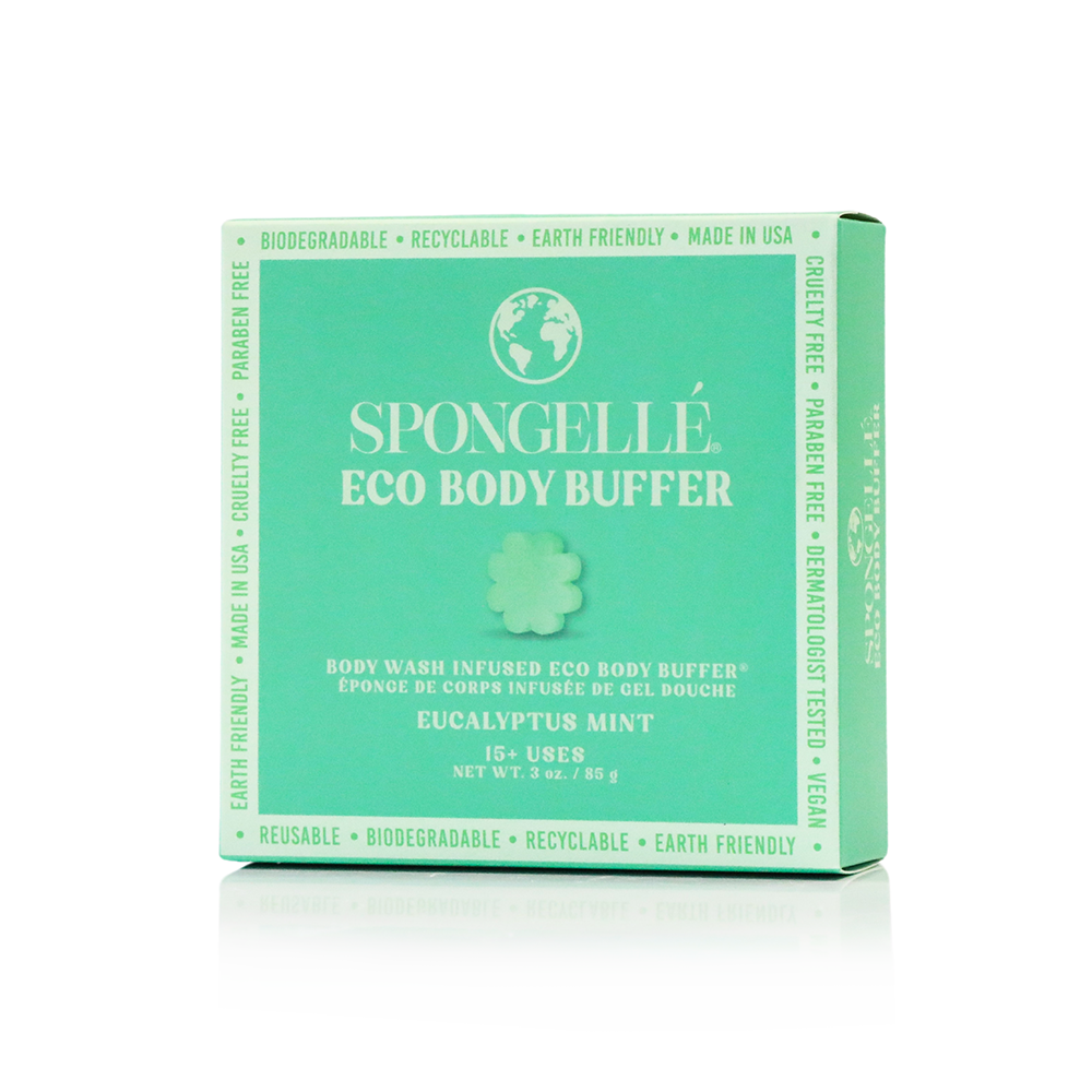 Spongellé Eucalyptus Mint Eco Body Buffer, a body wash-infused buffer with a textured surface for gentle cleansing and exfoliation.