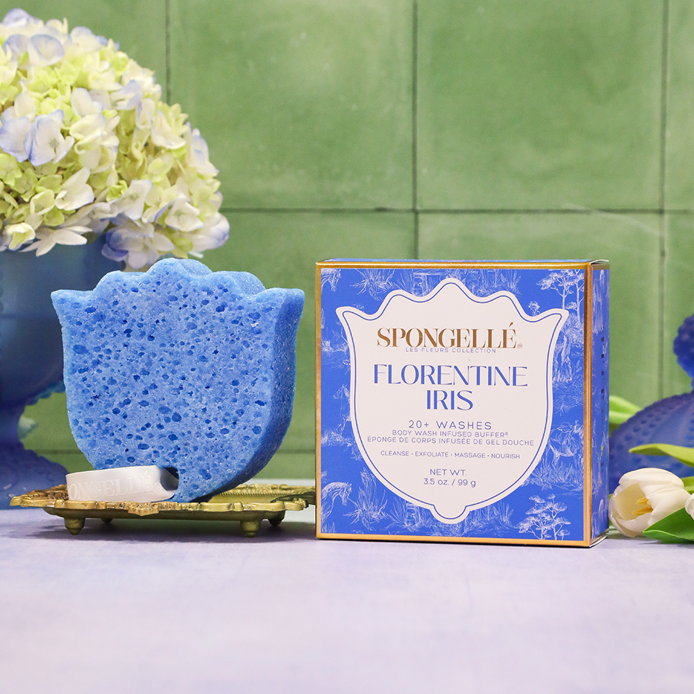 Spongellé Florentine Iris Les Fleurs Body Buffer, a body wash-infused buffer with floral iris scent and soft exfoliating texture.
