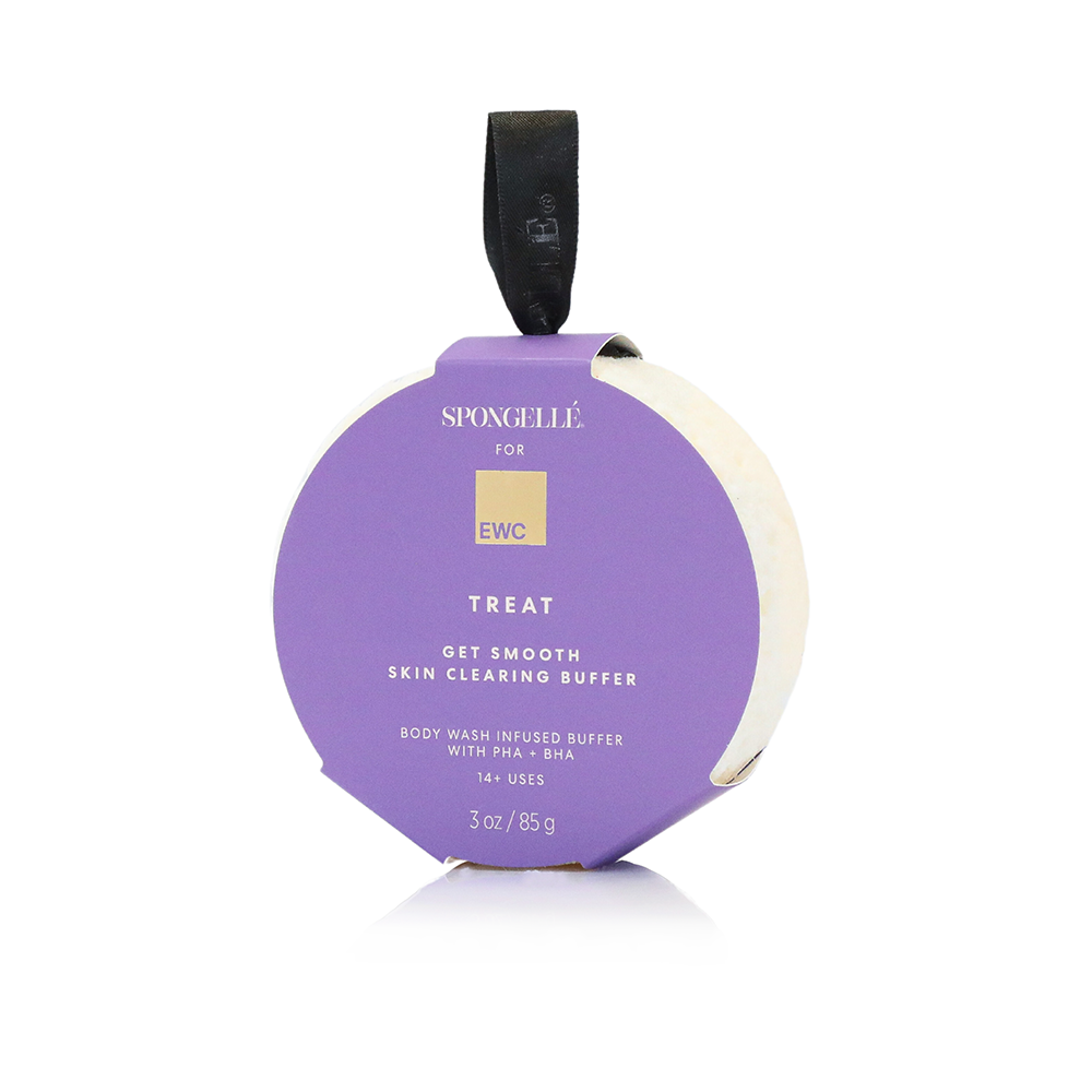 Spongellé body wash-infused buffer for smooth, clear skin with textured surface for gentle exfoliation.