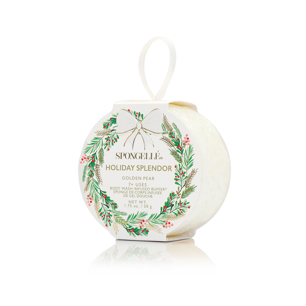 Spongellé Holiday Splendor Golden Pear body wash infused buffer with holiday wreath design, festive and luxurious skincare accessory.