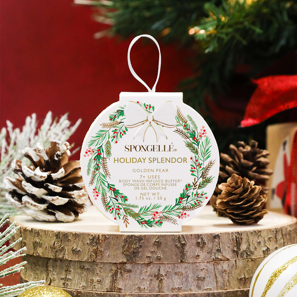 Spongellé Holiday Splendor Golden Pear body wash infused buffer with holiday wreath design, festive and skin-softening.