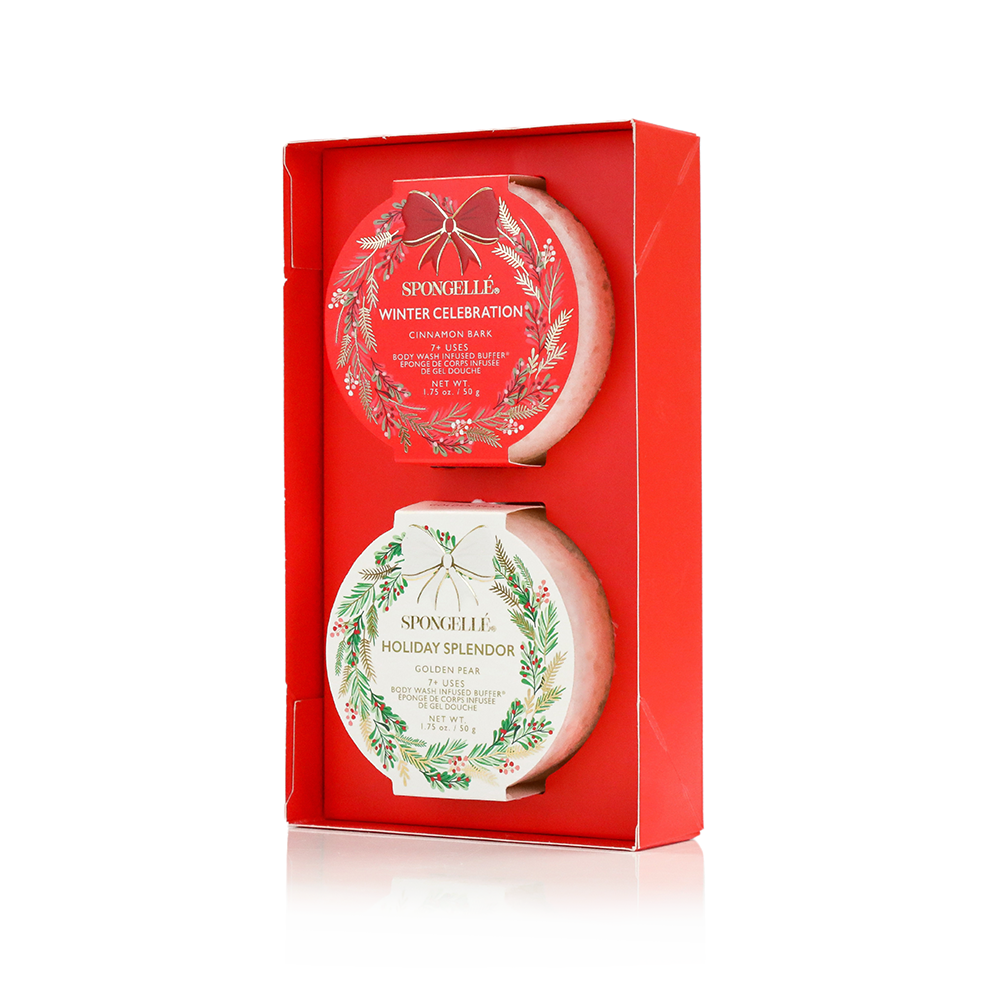 Spongellé Holiday Wreath Body Wash Infused Buffer gift set with festive design and exfoliating body wash buffer for holiday gifting