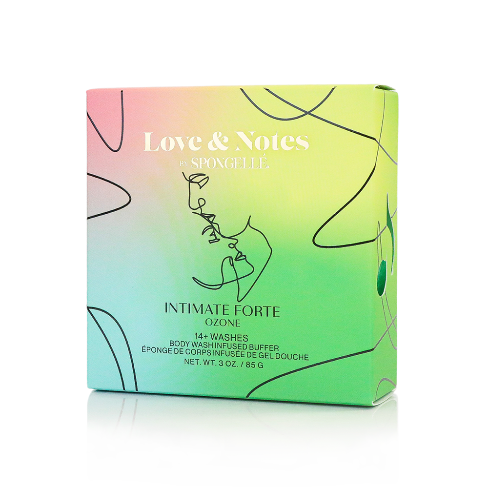 Spongellé Intimate Forte Love & Notes Body Buffer, a body wash-infused buffer with floral and citrus scents for gentle cleansing.