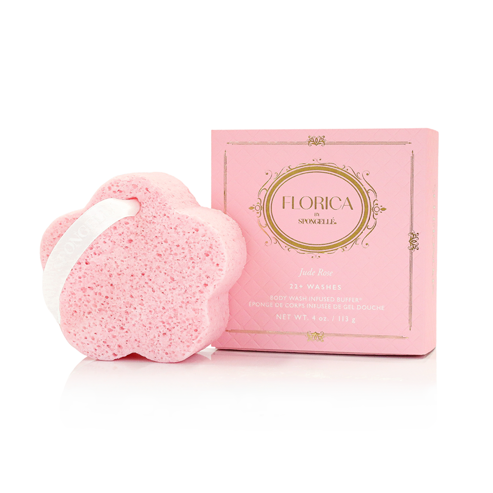 Spongellé Jude Rose Body Buffer, a floral-infused body wash buffer with pink rose design and textured surface.