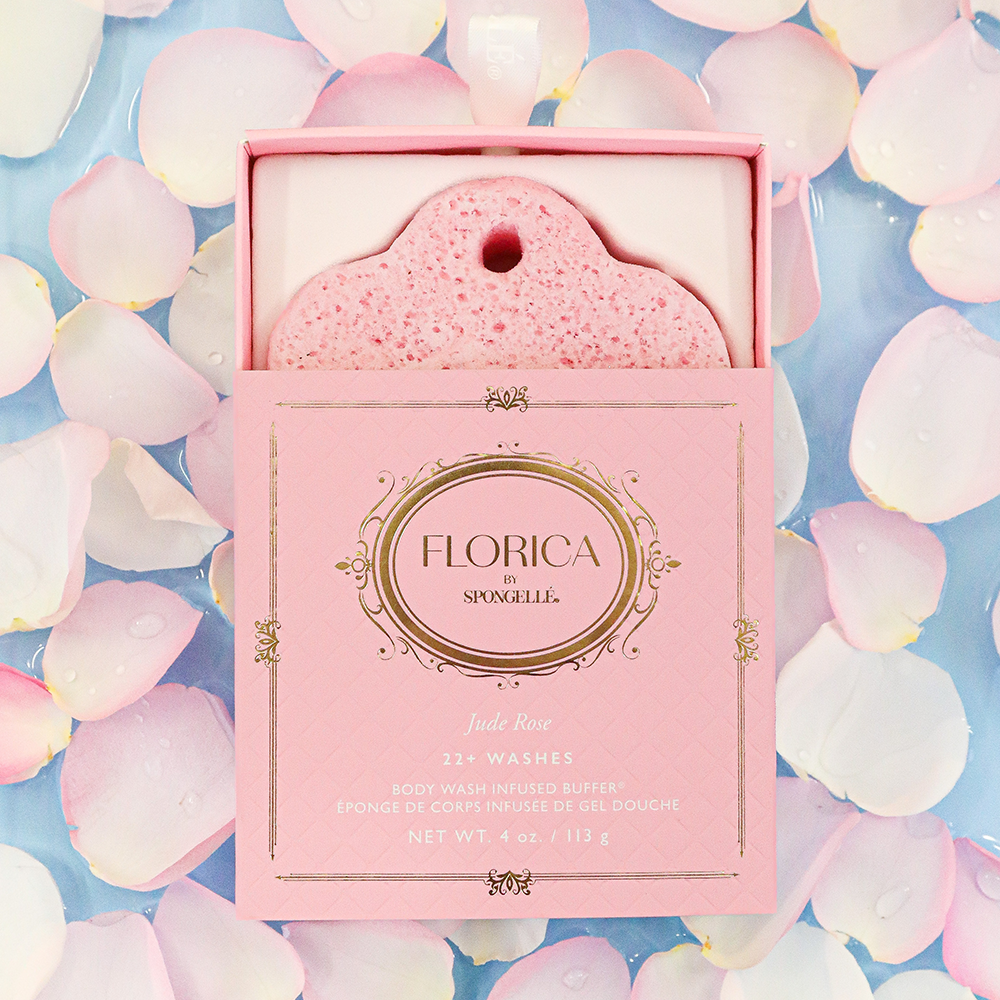 Spongellé Jude Rose Body Buffer, a floral body wash infused buffer with rose scent, designed for gentle exfoliation and cleansing.