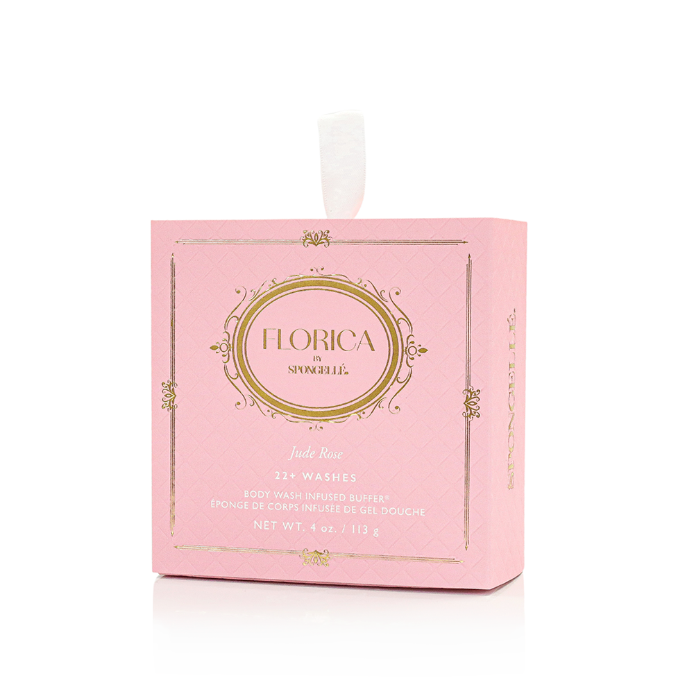 Spongellé Jude Rose Body Buffer, a floral-infused body wash buffer with a textured surface for gentle exfoliation.