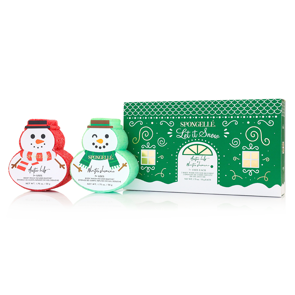Spongellé Let It Snow holiday snowman body wash infused buffer with festive winter design and moisturizing formula.