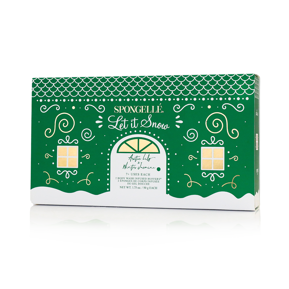 Spongellé Let It Snow holiday snowman gift set with body wash infused buffer and festive snowman design.