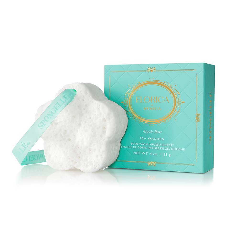Spongellé Mystic Rose Body Buffer, a body wash infused buffer with floral scent, shown in a sleek, textured sponge form.