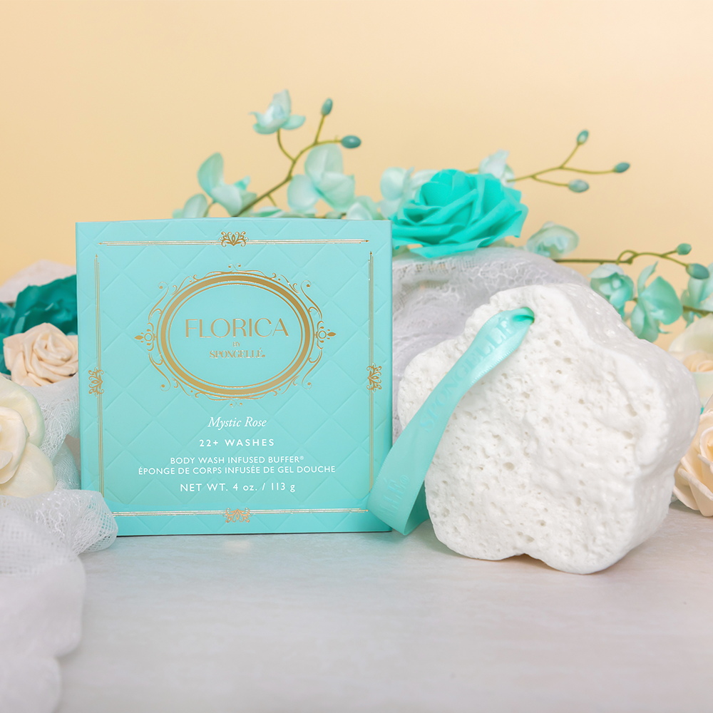 Spongellé Mystic Rose Body Buffer, a floral-infused body wash buffer with a textured surface for gentle cleansing and exfoliation.