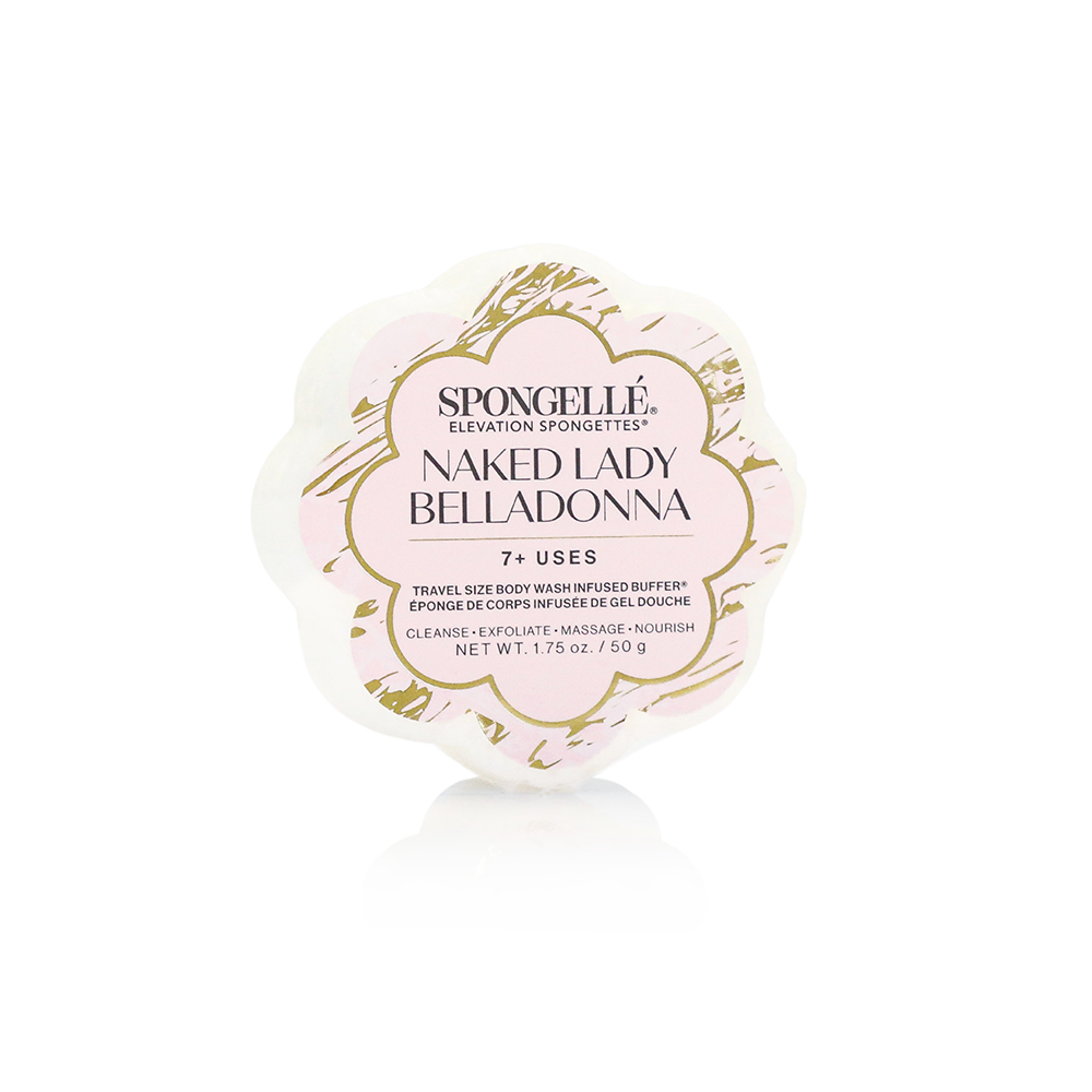 Spongellé Naked Lady Belladonna Elevation Spongette body wash-infused buffer with floral design and textured surface for gentle cleansing