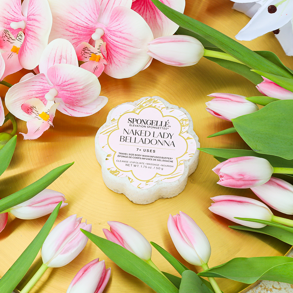 Spongellé Naked Lady Belladonna Elevation Spongette body wash infused buffer with floral design in natural colors