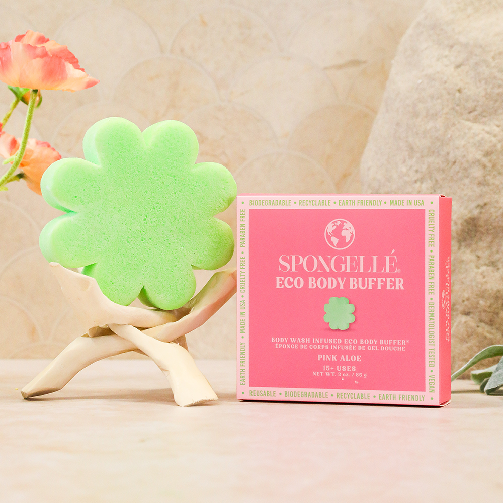 Pink Aloe Spongellé Eco Body Buffer, a body wash infused buffer with pink aloe scent, showing textured surface and vibrant pink color.