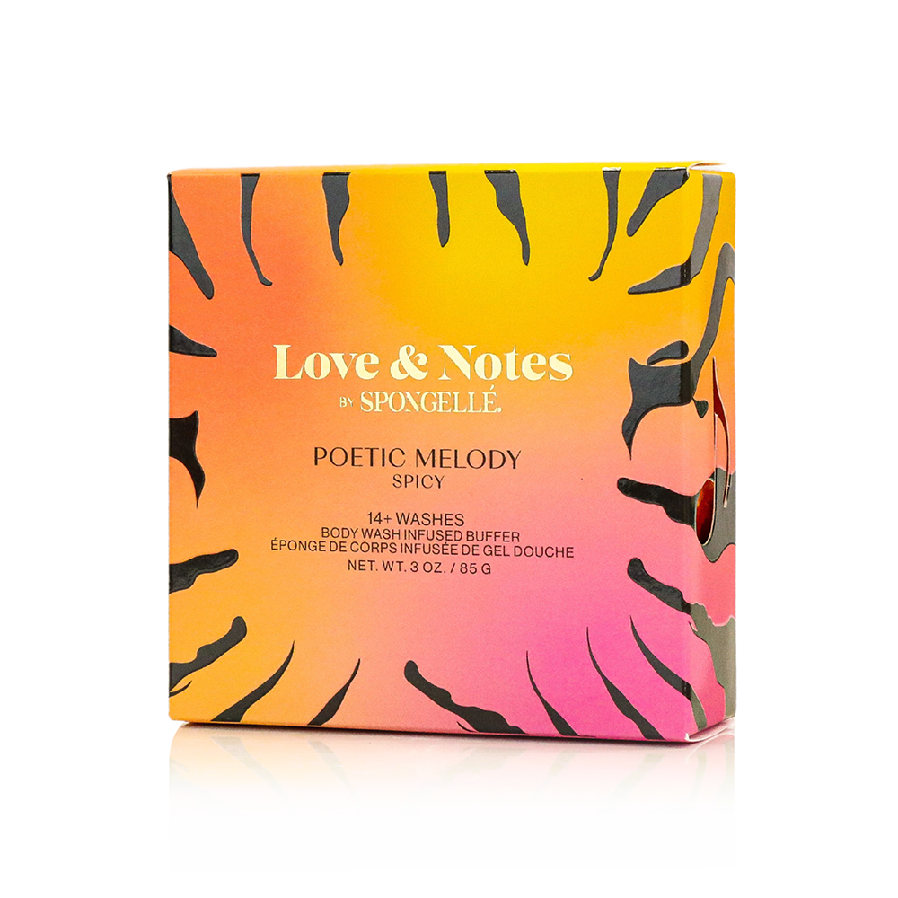 Spongellé Poetic Melody Love & Notes Body Buffer infused with body wash, featuring floral and musical note design.
