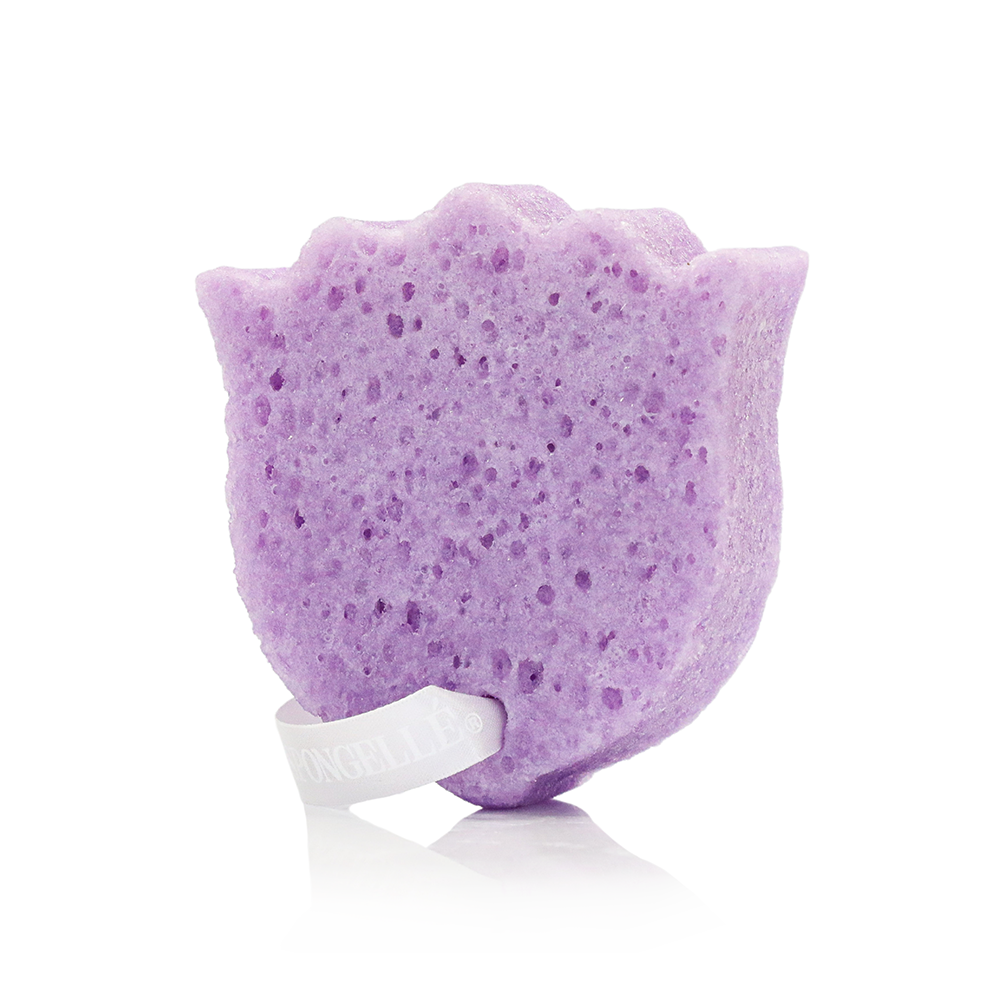 Spongellé Provence Violette Les Fleurs body wash-infused buffer with floral violet design and textured surface for gentle cleansing.