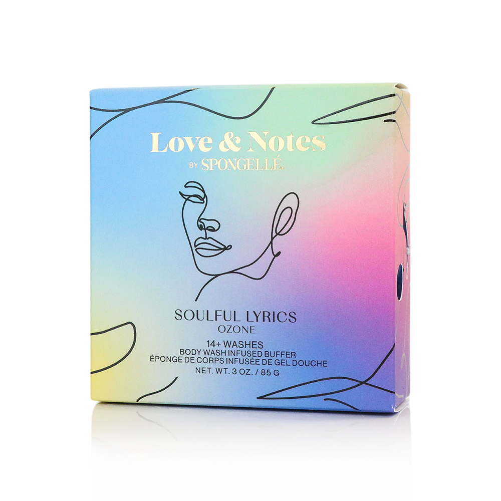 Spongellé Soulful Lyrics Love & Notes Body Buffer, a body wash infused buffer with floral and musical design details.