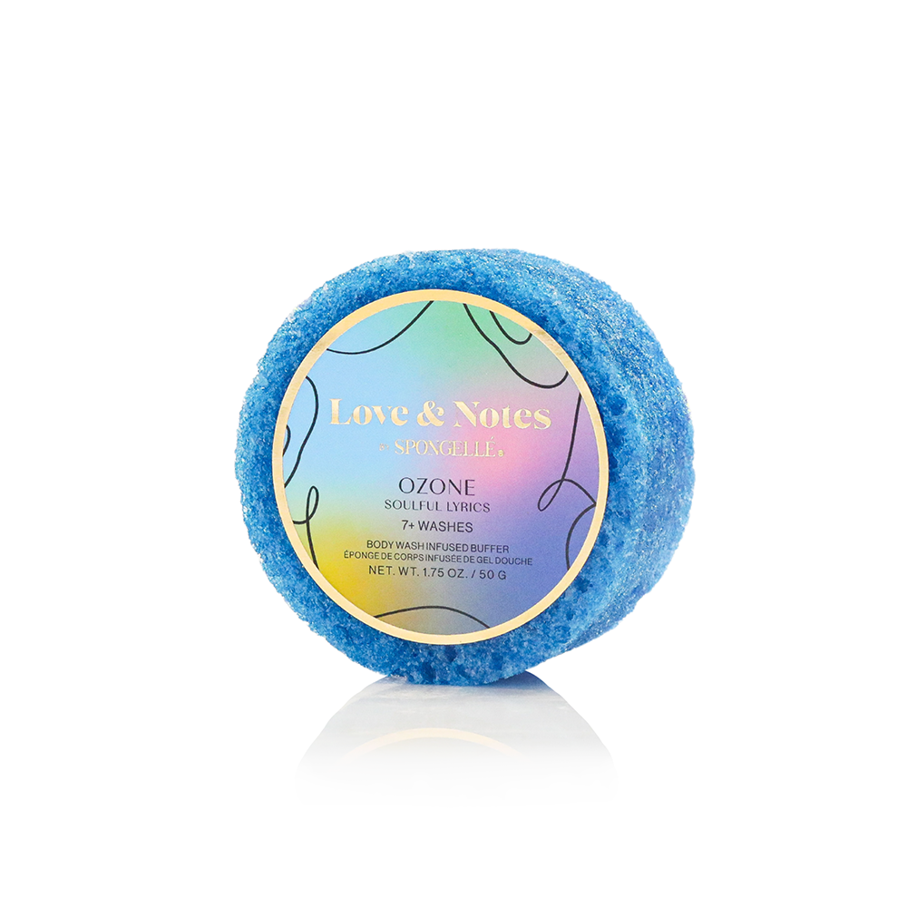 Spongellé Soulful Lyrics Love & Notes body wash-infused buffer with floral design and soft exfoliating texture.