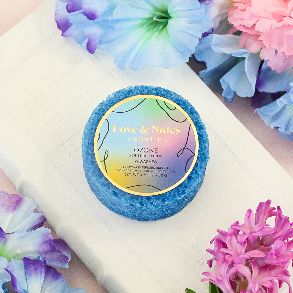 Spongellé Soulful Lyrics Love Notes body wash infused buffer with exfoliating sponge and floral scent for gentle cleansing.