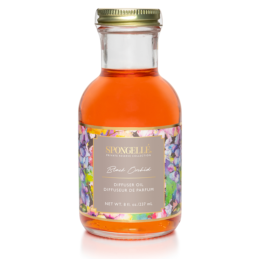Black Orchid diffuser oil from Spongellé Private Reserve Collection, an elegant home fragrance with a sleek black bottle.