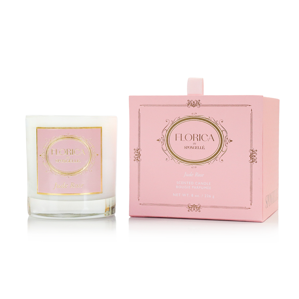 Spongellé Jude Rose Candle from Florica home fragrance collection, featuring a soft pink candle with a rose scent.