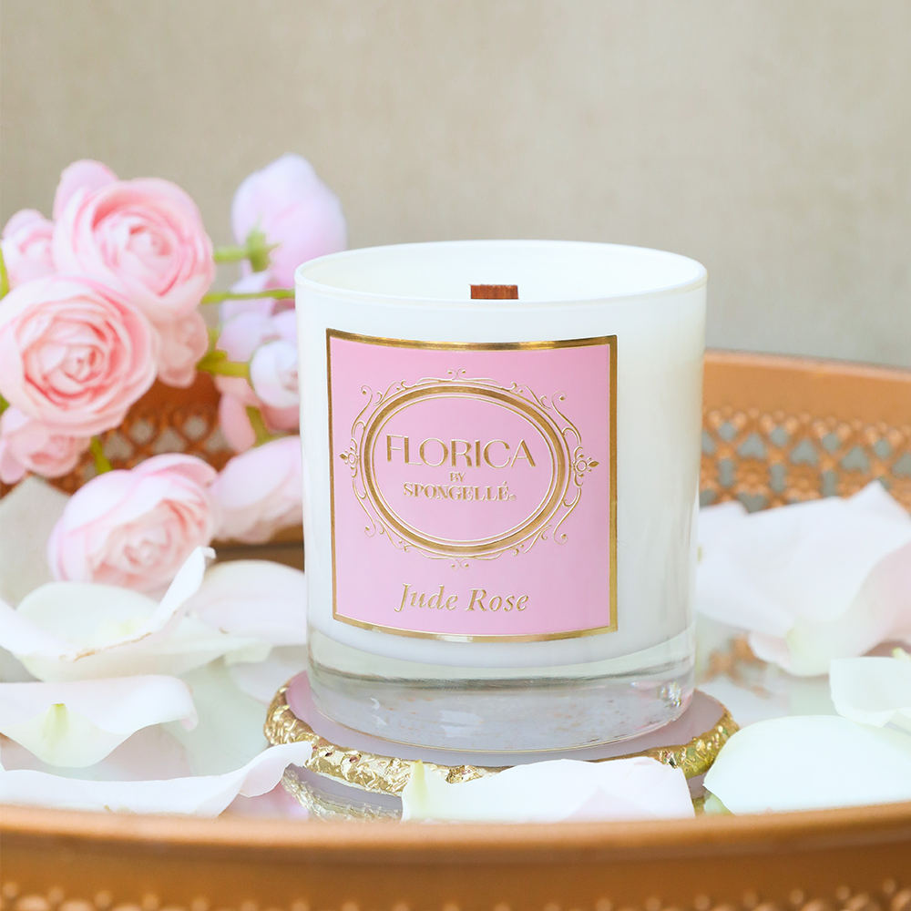Spongellé Jude Rose Candle from Florica home fragrance collection, featuring a sleek design and elegant rose scent.