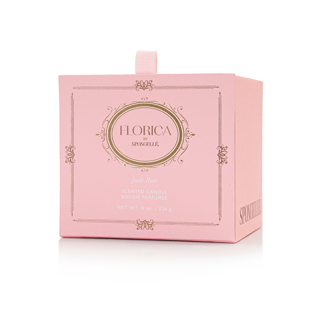Spongellé Jude Rose Candle by Florica, a home fragrance candle with a soft rose scent, in a stylish glass holder.
