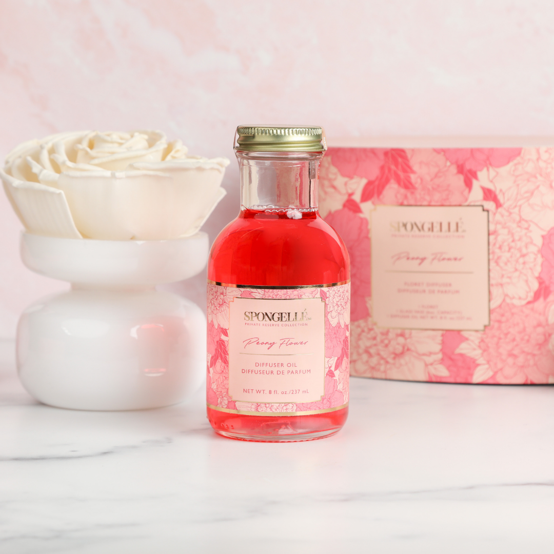Spongellé Peony Flower Private Reserve diffuser for home fragrance, showing a decorative glass bottle with peony flower design.