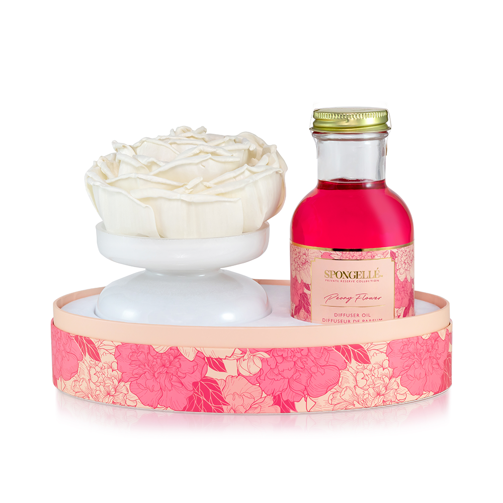 Spongellé Private Reserve Peony Flower home fragrance diffuser with a glass bottle and floral design.