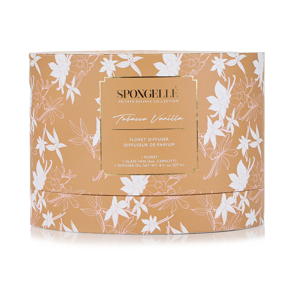 Spongellé Tobacco Vanilla Private Reserve diffuser, a home fragrance with warm vanilla and tobacco scent, shown in a sleek bottle.