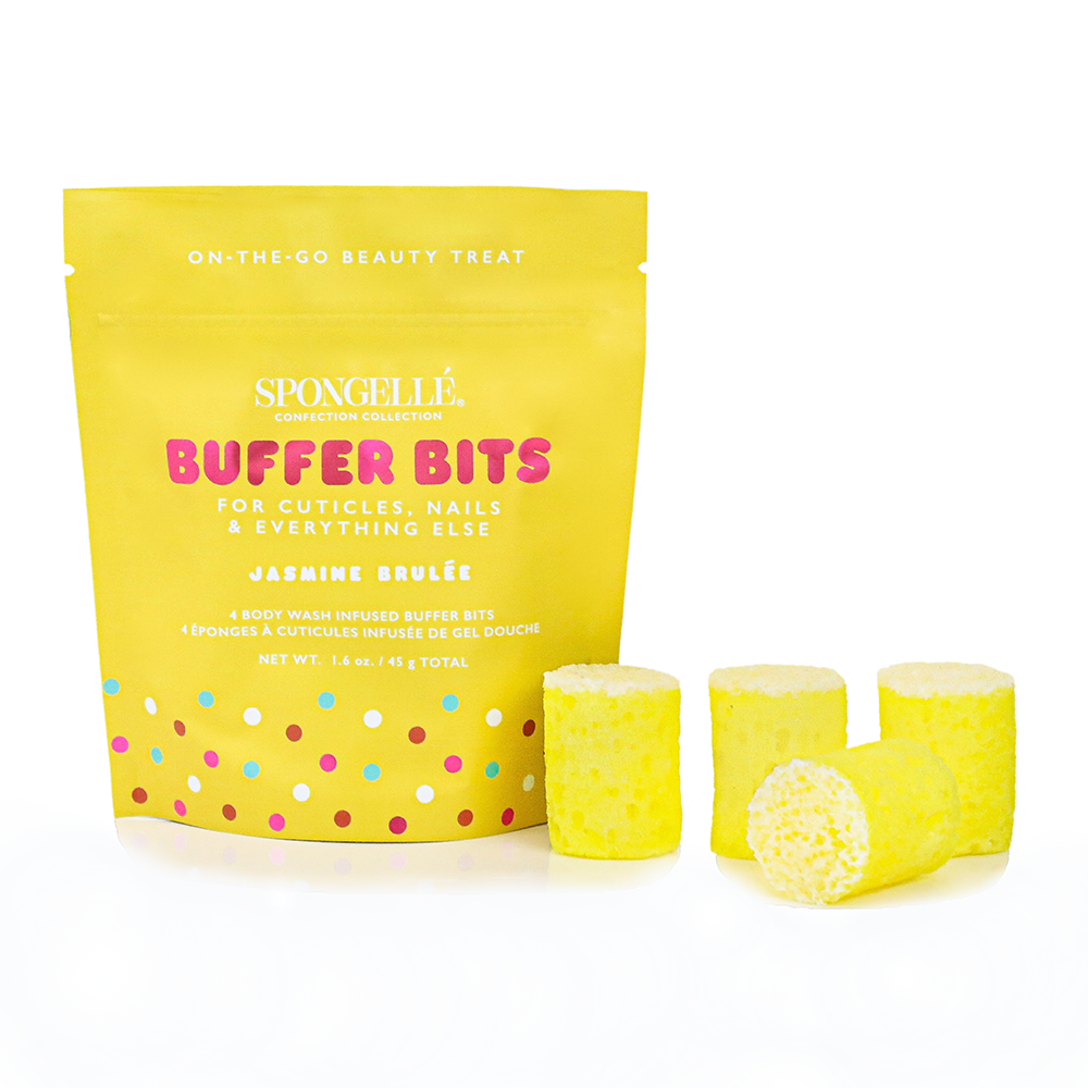 Spongellé Jasmine Brûlée Pedi Buffer Bits for gentle foot exfoliation with jasmine scent and textured buffer surface.