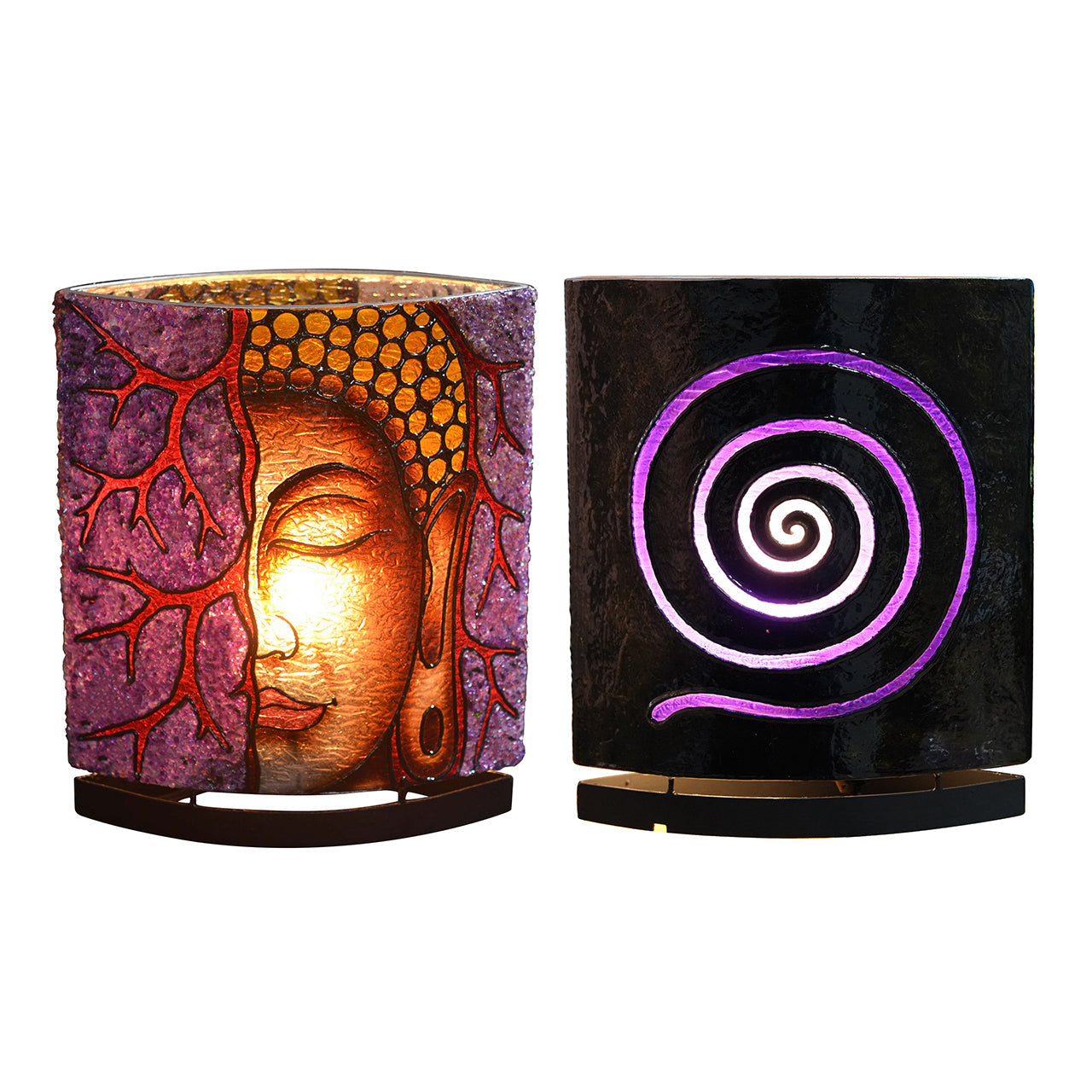 Starborn Creations amethyst and Buddha meditation face motif table lamp with LED bulb and dimmer plug, decorative home lighting.