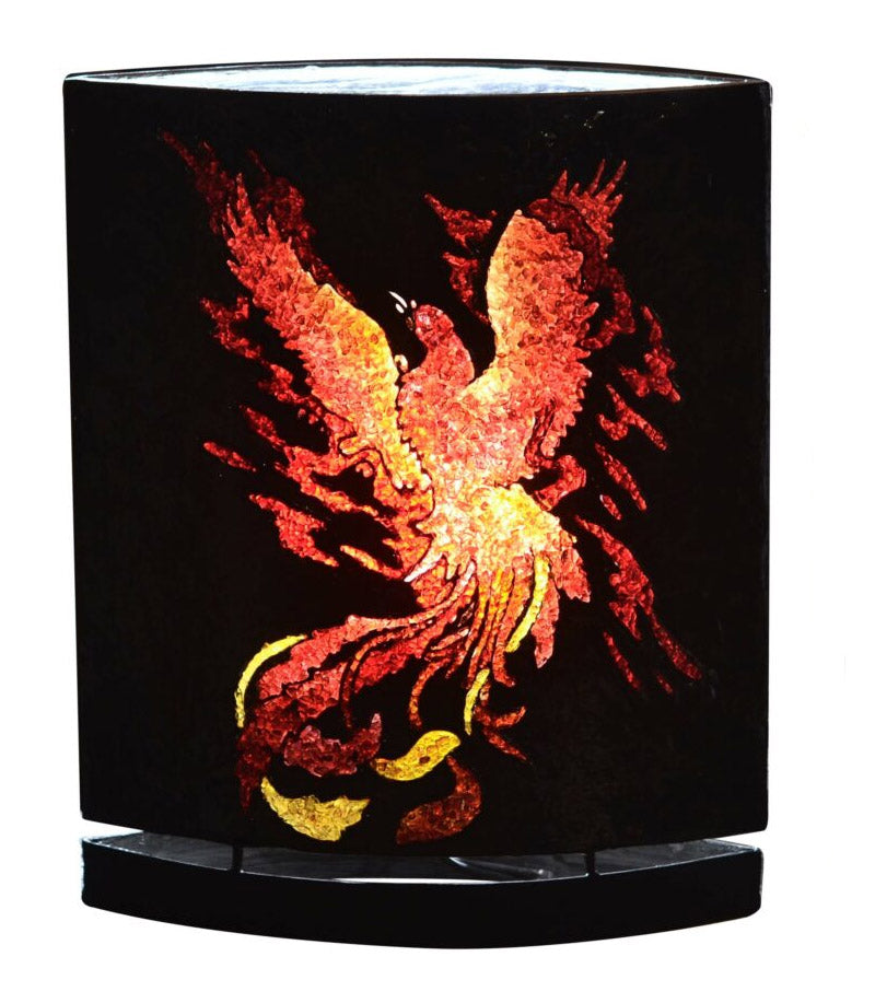 Starborn Creations Phoenix bird motif table lamp with gemstones and LED bulb, featuring intricate design and vibrant colors.
