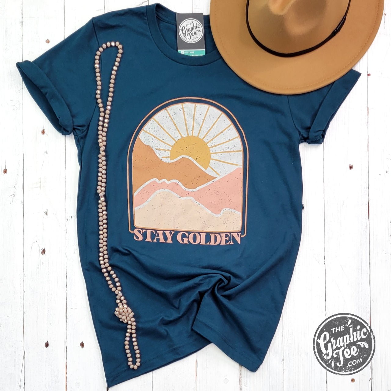 Stay Golden Atlantic Color Short Sleeve Graphic Tee by The Graphic Tee, featuring a vibrant ocean-inspired design on a casual tee.